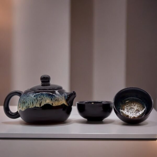 Ancient Wisdom Herbal Black Glaze Ceramic Teapot & Two Cups Set
