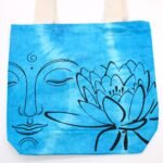 Ancient Wisdom Lotus Buddha Design Blue Tye-Dye Cotton Bag with Natural Handle - Image 2