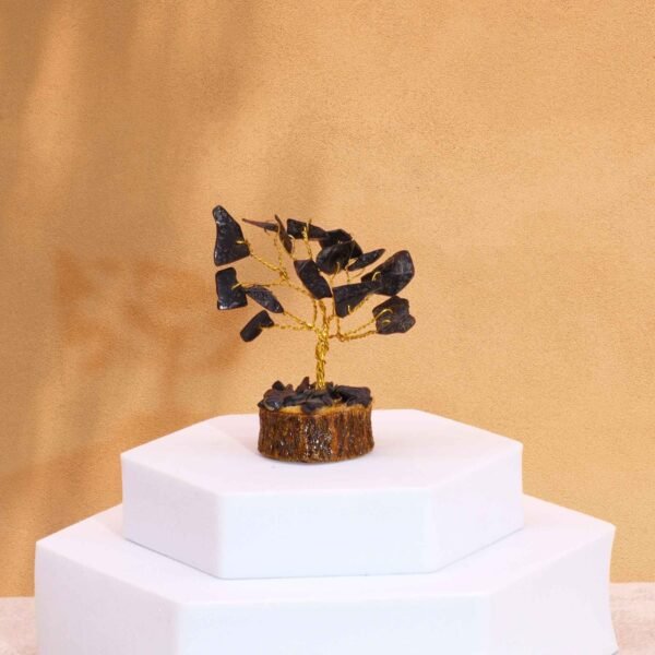 Ancient Wisdom Mini Black Agate Gemstone Tree (15 Stones) On Wooden Base
