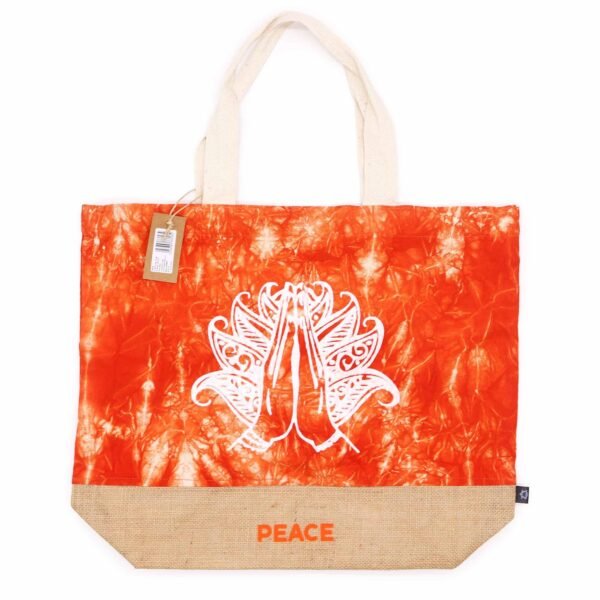Ancient Wisdom Orange Stonewash Jute & Cotton All Natural Bag – Namaste Hand (Peace)