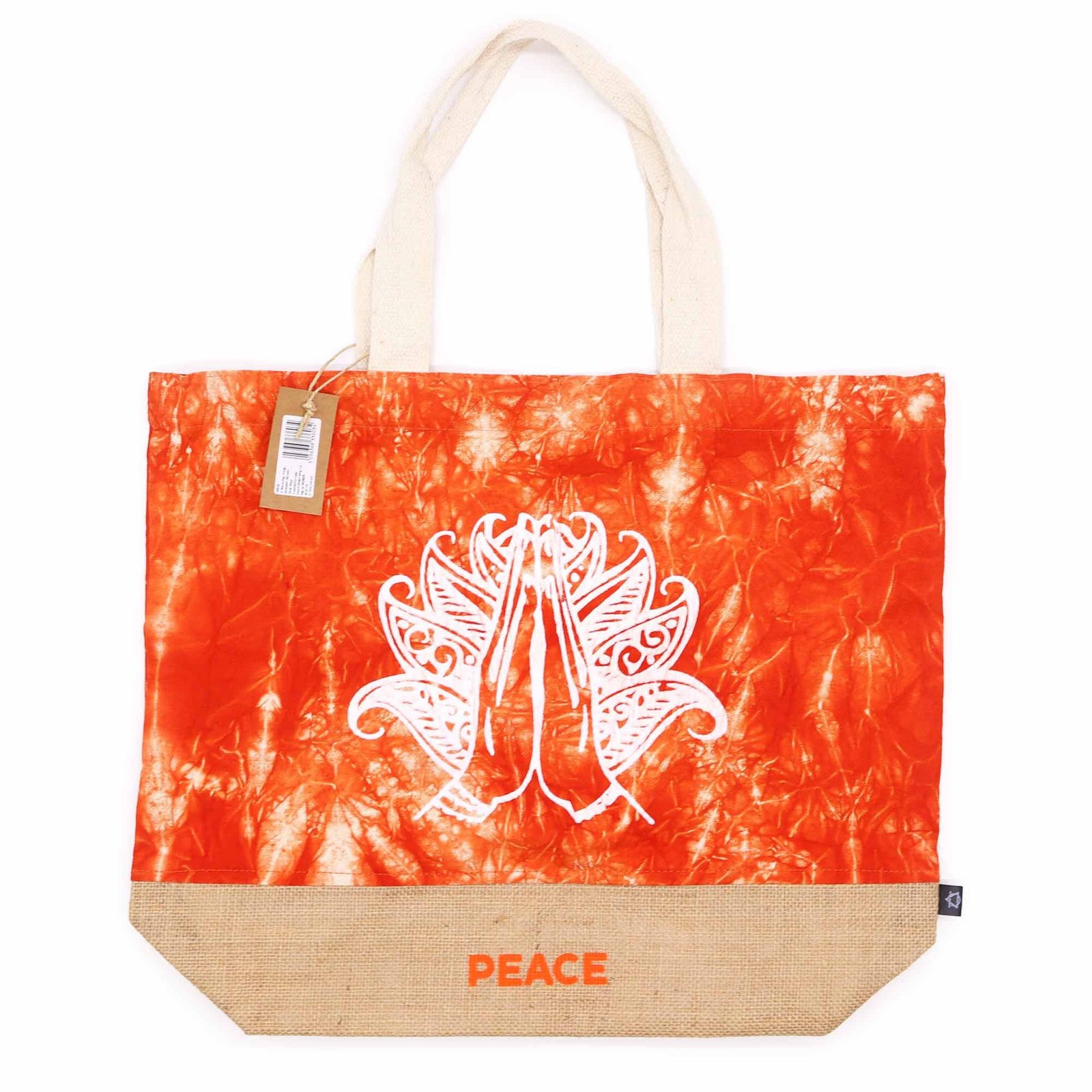 bG9jYWw6Ly9tZWRpYS9ISy9DQy82MFIzMEMxRzZXUzNDQ0hLLzU4ZmI0Yzc1LmpwZWc.jpg Ancient Wisdom Orange Stonewash Jute & Cotton All Natural Bag – Namaste Hand (Peace) - Image 1