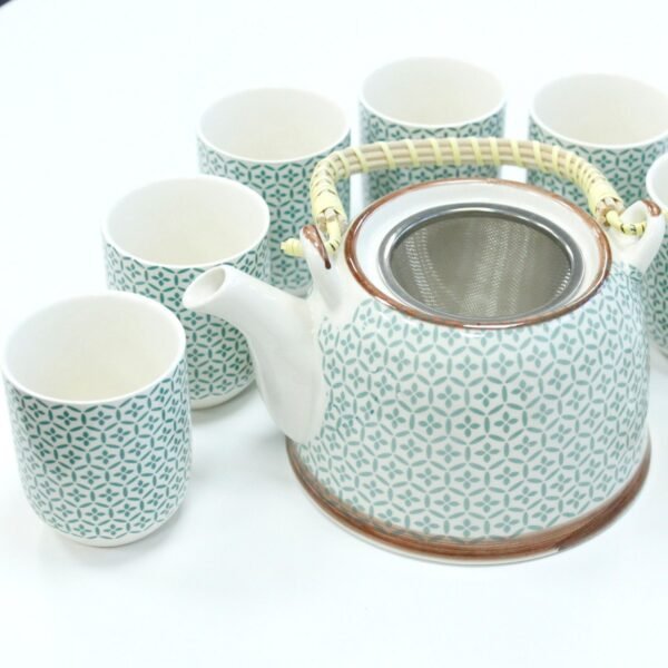 Ancient Wisdom Ceramic Herbal Teapot & 6 Matching Tea Cups – Green Mosaic Design