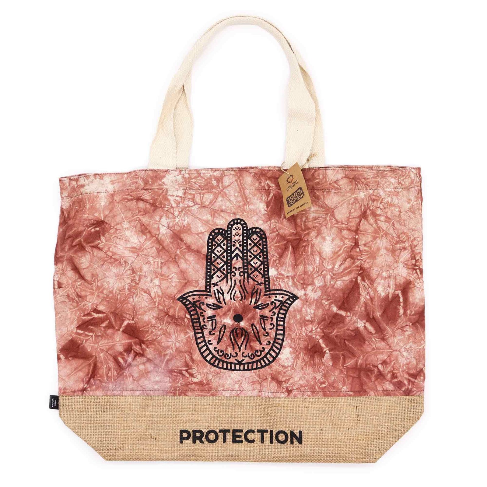 bG9jYWw6Ly9tZWRpYS9IUC9DQy82MFIzMEMxRzZXUzNDQ0hQLzg0YTg2MWYwLmpwZWc.jpg Ancient Wisdom Terracotta Stonewash Jute & Cotton All Natural Bag – Hamsa (Protection) - Image 1