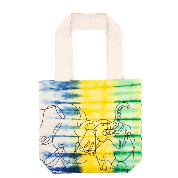 Ancient Wisdom Elephants Design Multicoloured Tye-Dye Cotton Bag with Natural Handle