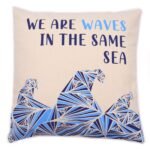 Ancient Wisdom Set of 3 ‘We Are Waves’ Printed Cotton Cushion Covers – Grey, Blue & Natural - Image 2