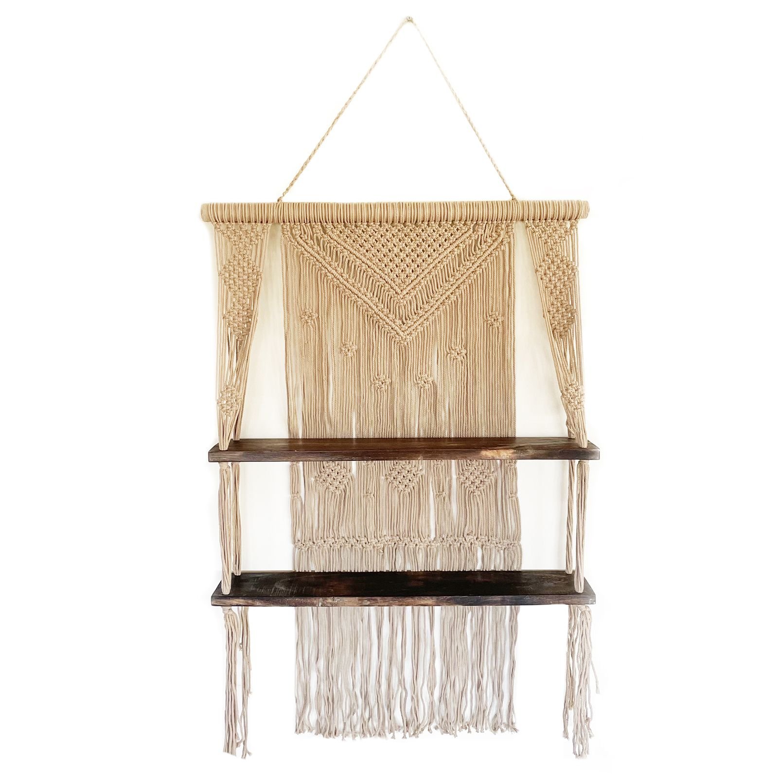 bG9jYWw6Ly9tZWRpYS9IUy9FQy82MFIzMEMxRzZSU0tFQ0hTLzdmZjBhNTgxLmpwZWc.jpg Ancient Wisdom Light Brown Macrame Hanging Shelves – Dark Brown - Image 1