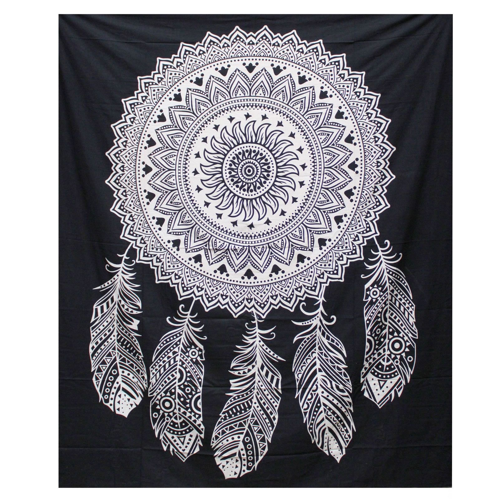 bG9jYWw6Ly9tZWRpYS9TRy9KQy82MFIzMEMxRzZNV0tKQ1NHLzIyN2FmNGNkLmpwZWc.jpg Ancient Wisdom Black & White Double Cotton Bedspread + Wall Hanging – Dreamcatcher - Image 1