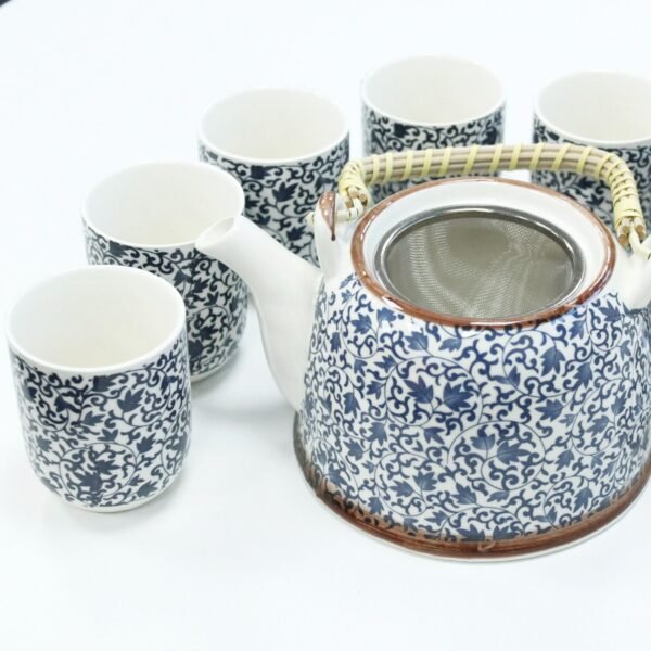 Ancient Wisdom Ceramic Herbal Teapot & 6 Matching Tea Cups – Blue Pattern