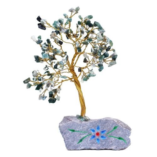 Ancient Wisdom Moss Agate Gemstone Tree (160 Stones) On Gemstone Rock Base