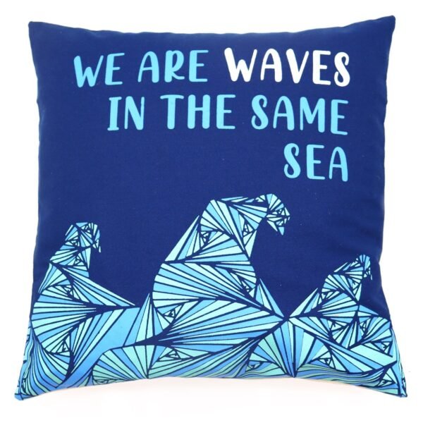 Ancient Wisdom Set of 3 ‘We Are Waves’ Printed Cotton Cushion Covers – Grey, Blue & Natural