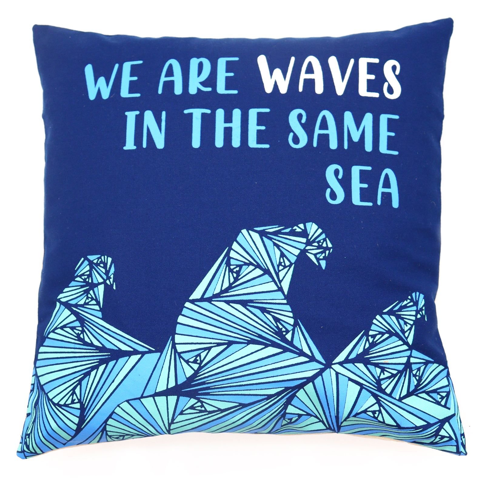 bG9jYWw6Ly9tZWRpYS9TSi9DRC82MFIzMEMxRzZSU0tDRFNKL2RiNDZkMzA3LmpwZWc.jpg Ancient Wisdom Set of 3 ‘We Are Waves’ Printed Cotton Cushion Covers – Grey, Blue & Natural - Image 1