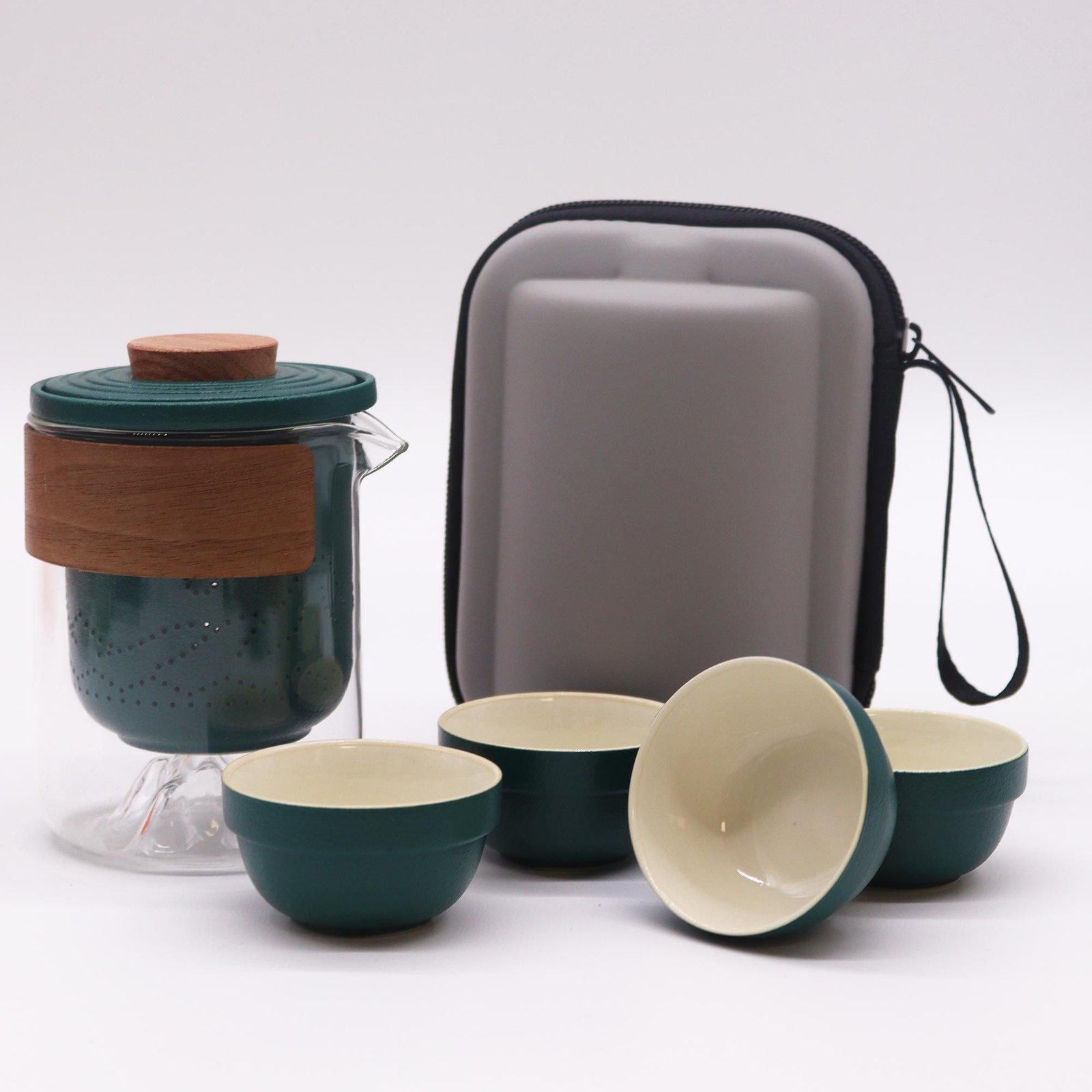 bG9jYWw6Ly9tZWRpYS9TSi9HRC82MFIzMEMxRzZXUzNHRFNKLzVmMzQ0OGFiLmpwZWc.jpg Ancient Wisdom Ceramic Four Friends Travel Mountain Teapot Set – Green / Cream - Image 1