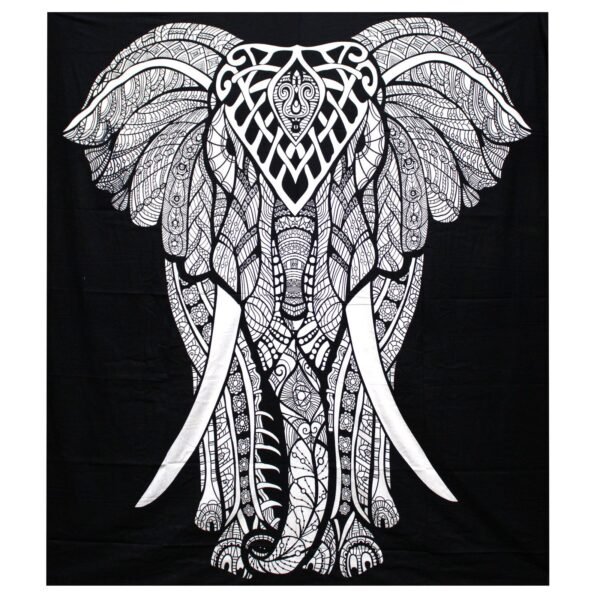 Ancient Wisdom Black & White Double Cotton Bedspread + Wall Hanging – Elephant