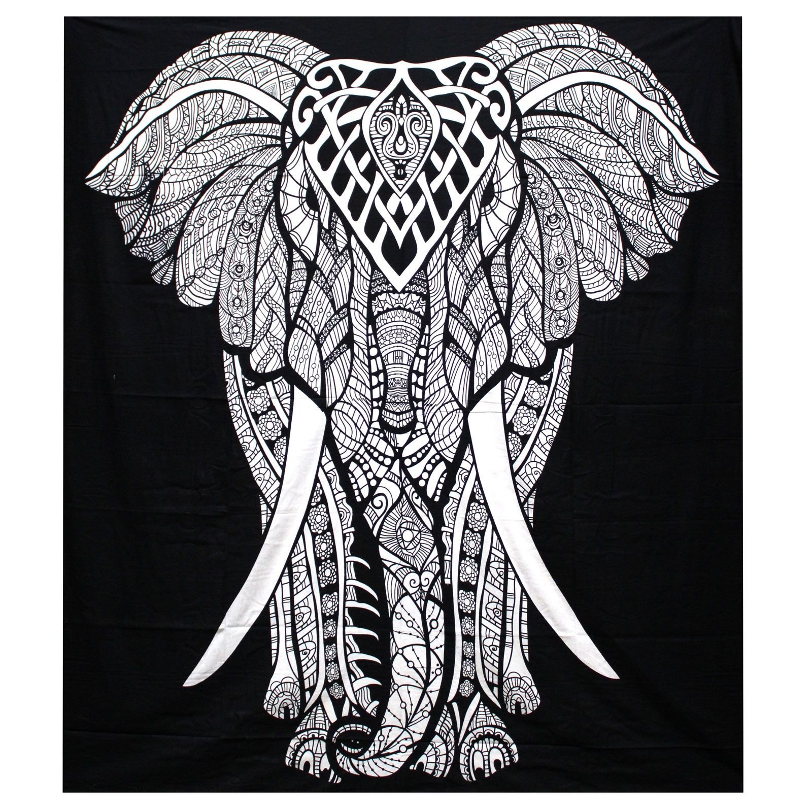 bG9jYWw6Ly9tZWRpYS9TSi9KQy82MFIzMEMxRzZNV0tKQ1NKLzU1NjY3OTZiLmpwZWc.jpg Ancient Wisdom Black & White Double Cotton Bedspread + Wall Hanging – Elephant - Image 1
