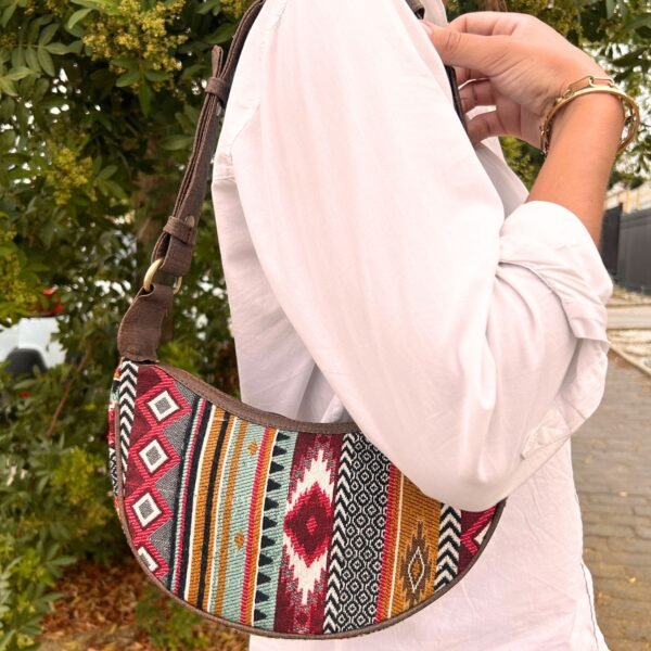 Ancient Wisdom Jacquard Rich Browns with Brown Strap Hobo Bag
