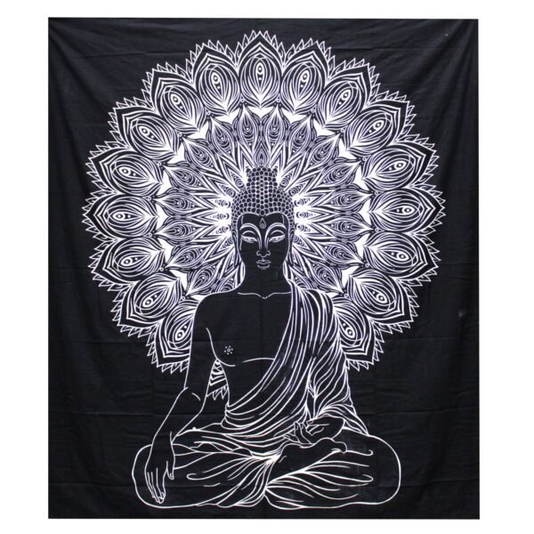 Ancient Wisdom Black & White Double Cotton Bedspread + Wall Hanging – Buddha