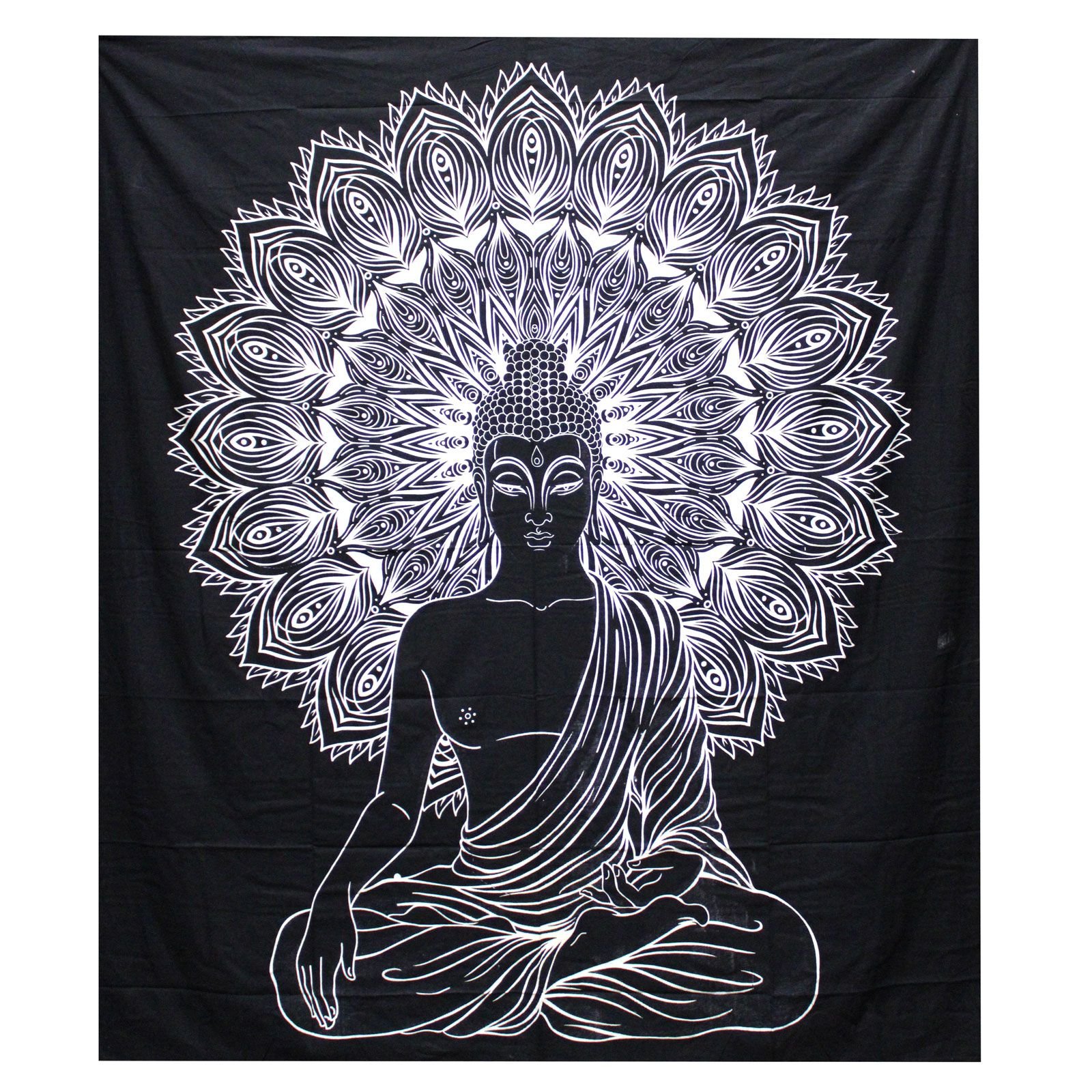 bG9jYWw6Ly9tZWRpYS9TSy9KQy82MFIzMEMxRzZNV0tKQ1NLLzAyOWZhZjViLmpwZWc.jpg Ancient Wisdom Black & White Double Cotton Bedspread + Wall Hanging – Buddha - Image 1