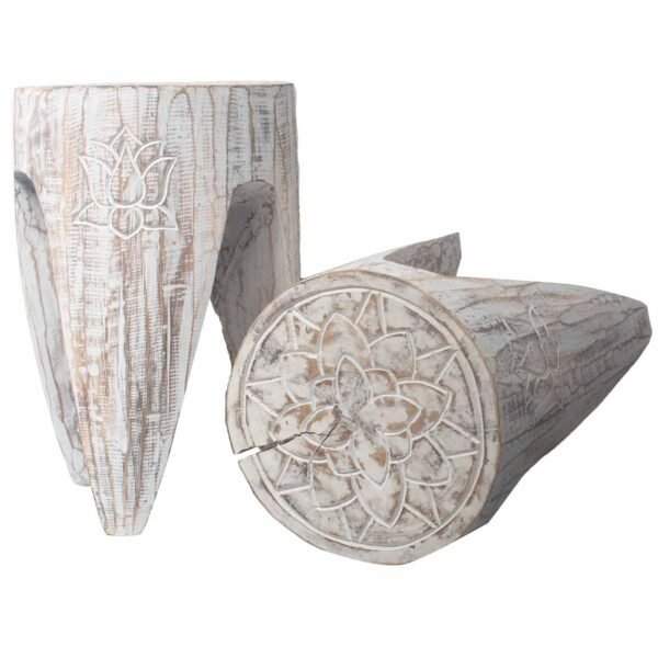 Ancient Wisdom Set of 2 Handcrafted Interlocking Albasia Wood Stool / Table – Whitewash