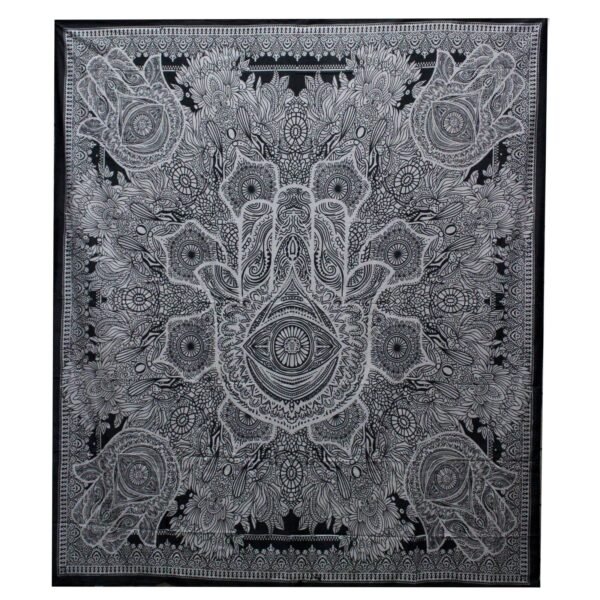 Ancient Wisdom Black & White Double Cotton Bedspread + Wall Hanging – Hamsa