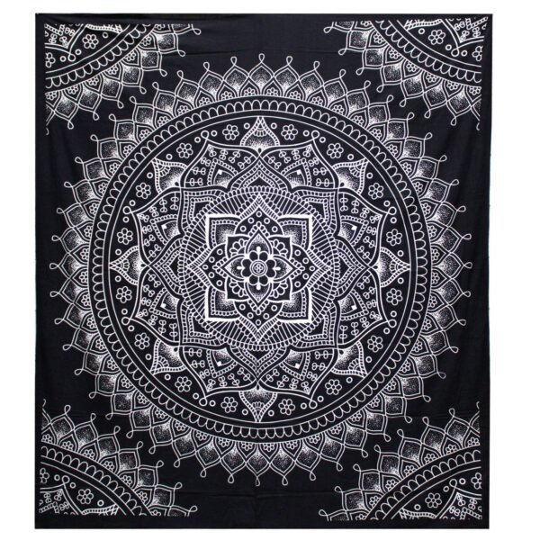 Ancient Wisdom Black & White Double Cotton Bedspread + Wall Hanging – Lotus Flower