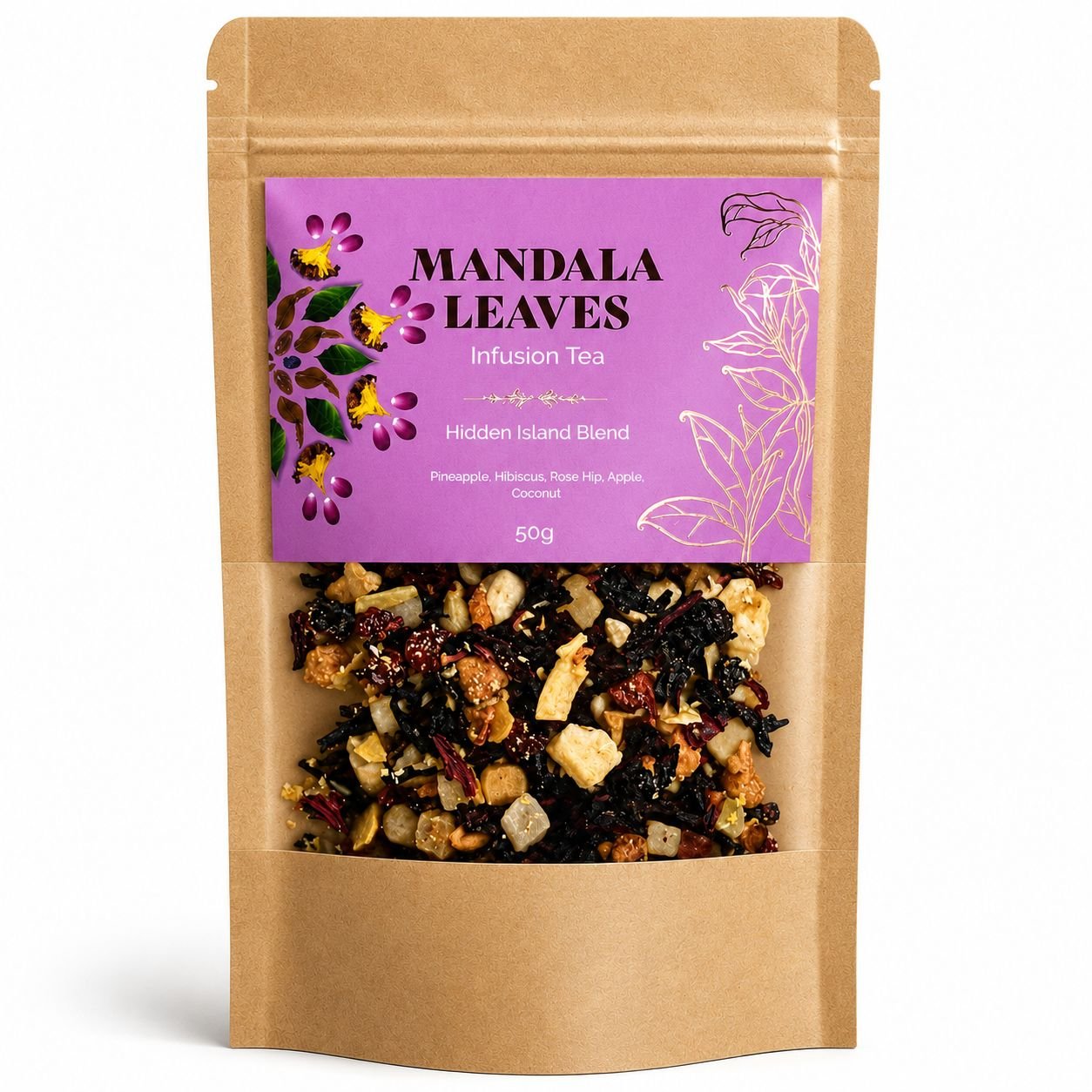 bG9jYWw6Ly9tZWRpYS9TUS84RC82MFIzMEMxSjZDVDM4RFNRL2RhYWJlYTdjLnBuZw.jpg Ancient Wisdom 50g Hidden Island Blend Piña Colada Fruit Infusion Tea - Image 1