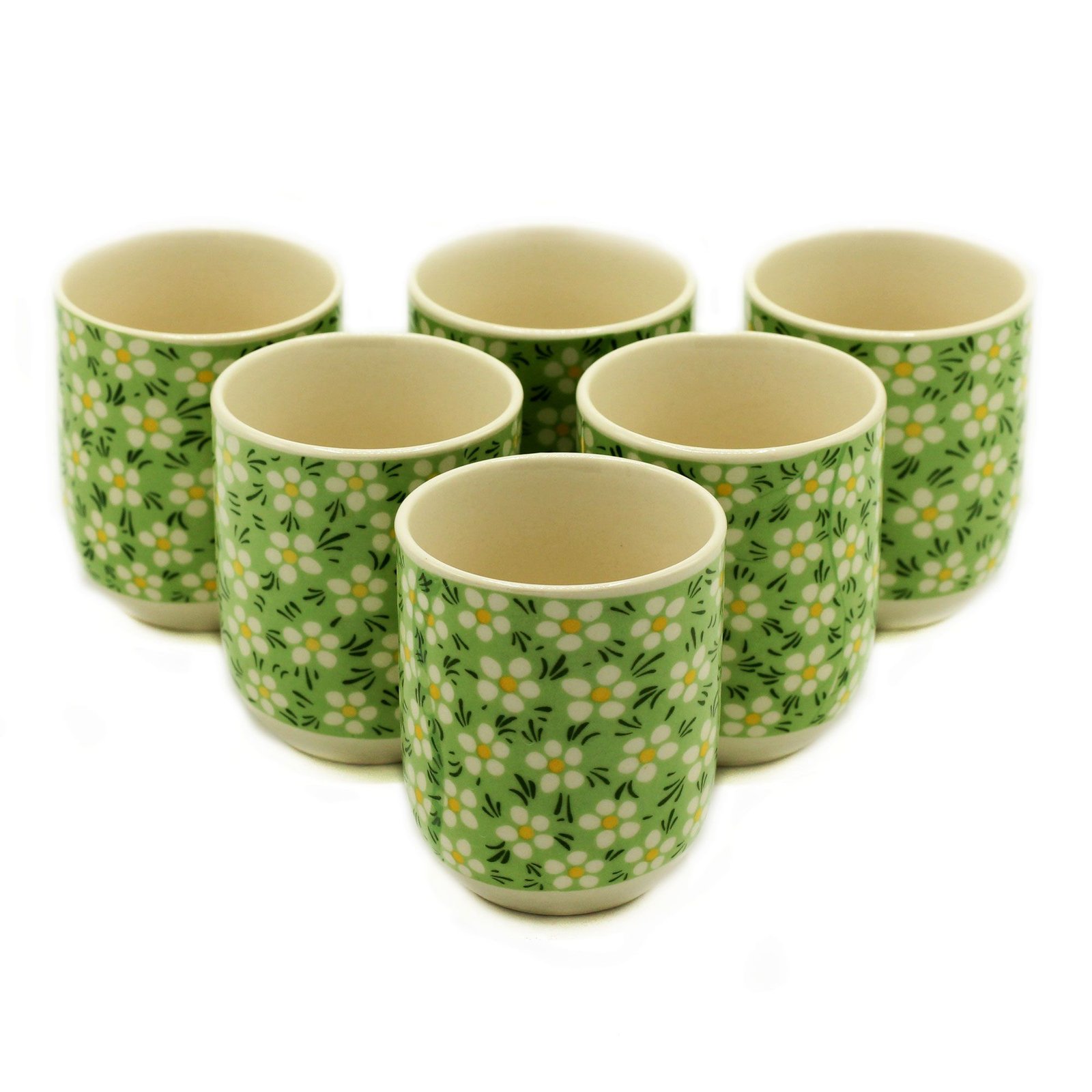 bG9jYWw6Ly9tZWRpYS9TUS9DRC82MFIzMEMxRzZXUktDRFNRLzI1MzM5OWIyLmpwZWc.jpg Ancient Wisdom Set of 6 Ceramic Herbal Tea Cups – Green Daisey - Image 1