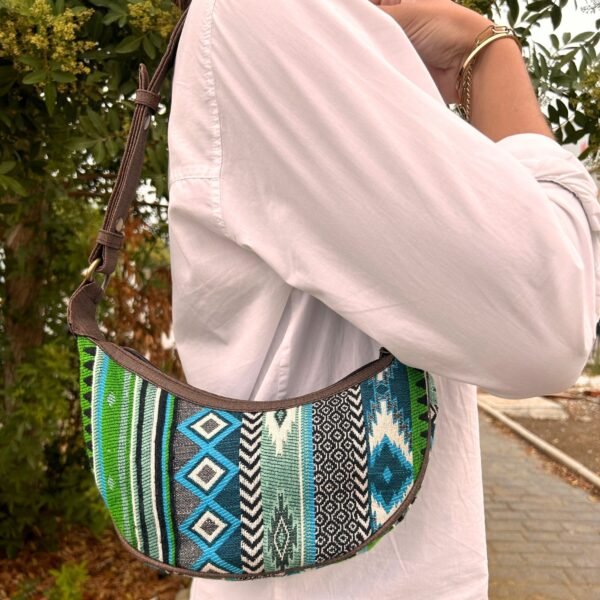 Ancient Wisdom Jacquard Bold Greens with Brown Strap Hobo Bag