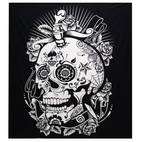 Ancient Wisdom Black & White Double Cotton Bedspread + Wall Hanging – Rose Skull