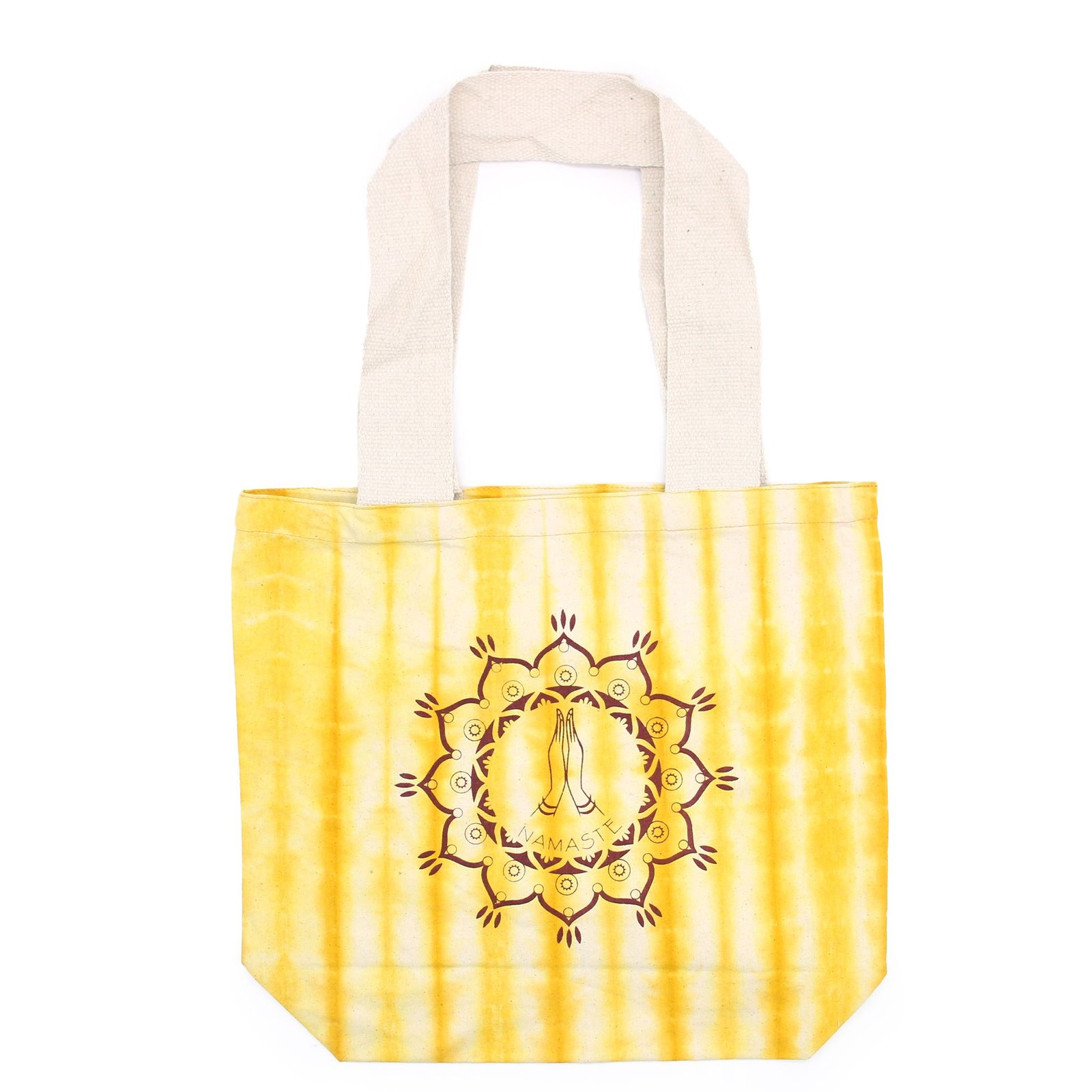 bG9jYWw6Ly9tZWRpYS9TUi8yQy82MFIzMEMxRzZSVzMyQ1NSLzRkMDg2Njc4LmpwZWc.jpg Ancient Wisdom Namaste Hands Design Yellow Tye-Dye Cotton Bag with Natural Handle - Image 1