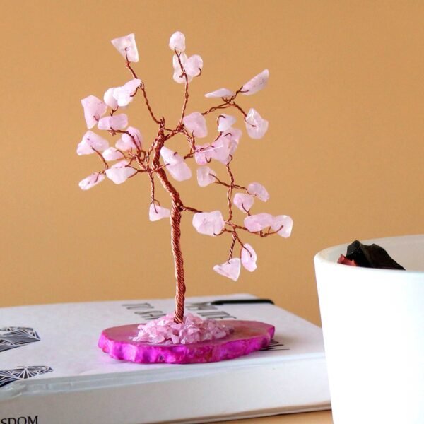 Ancient Wisdom Small Rose Quartz On Pink Agate Base (35 Stones) Gemstone Tree
