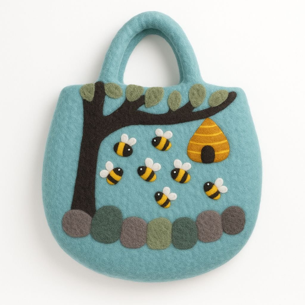 bG9jYWw6Ly9tZWRpYS9TUi9HQy82MFIzMEMxSDc0VzNHQ1NSL2ZlZDIyYWJhLnBuZw.jpg Ancient Wisdom Tree & Beehive Design Felted Bag - Image 1