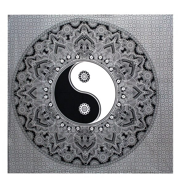 Ancient Wisdom Black & White Double Cotton Bedspread + Wall Hanging - Ying Yang