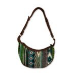 Ancient Wisdom Jacquard Bold Greens with Brown Strap Hobo Bag - Image 4