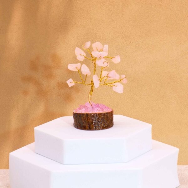Ancient Wisdom Mini Rose Quartz Gemstone Tree (15 Stones) On Wooden Base