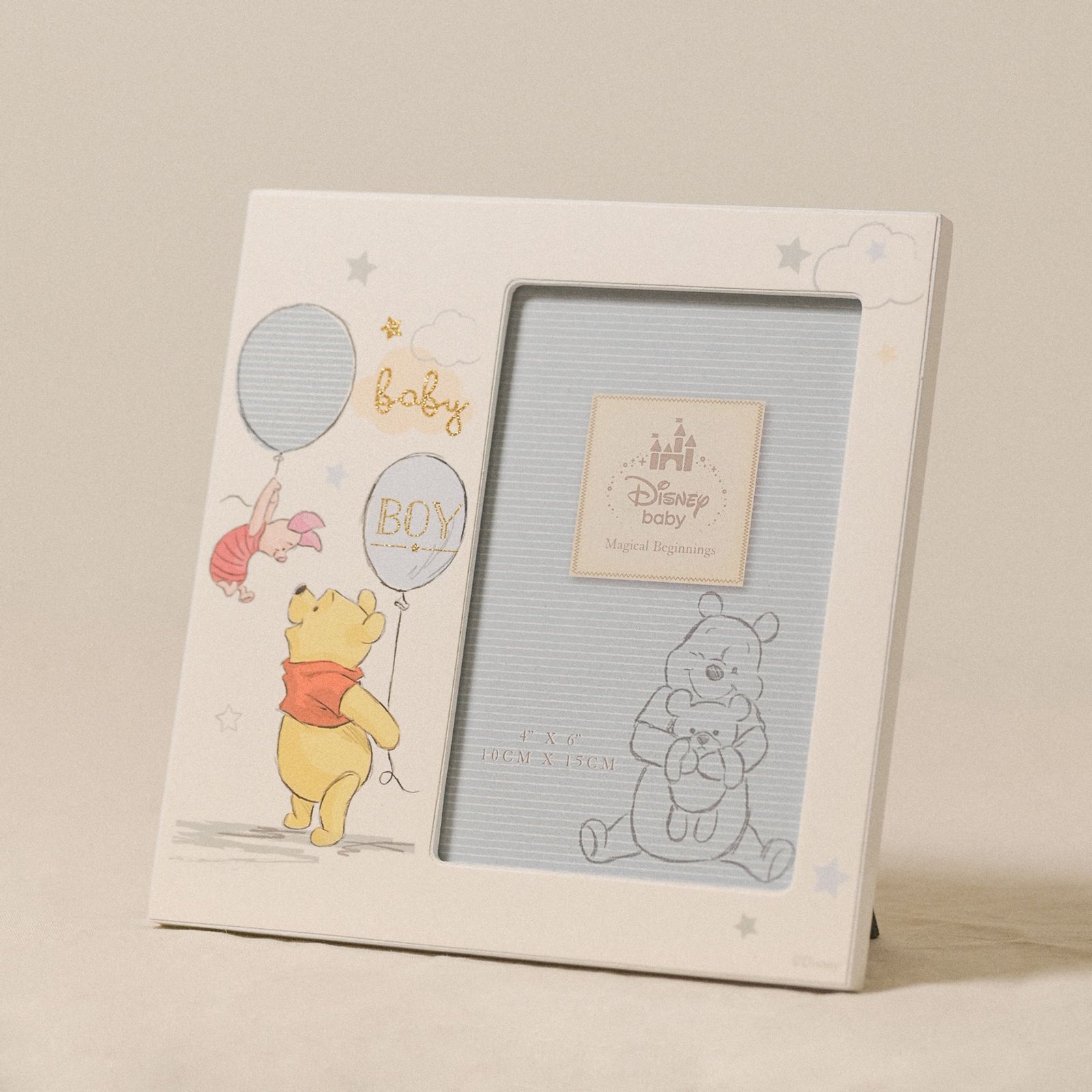 DI416_T01.jpg Disney: Winnie The Pooh 'Baby Boy' Magical Beginnings 4" x 6" Wooden Photo Frame - Image 1