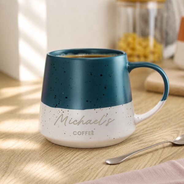 Personalised Any Message Blue & White Dipped Speckled Design Ceramic Mug