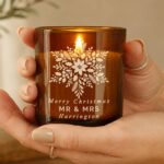 Personalised Christmas Snowflake Motif Scented Amber Glass Jar Candle - Image 2