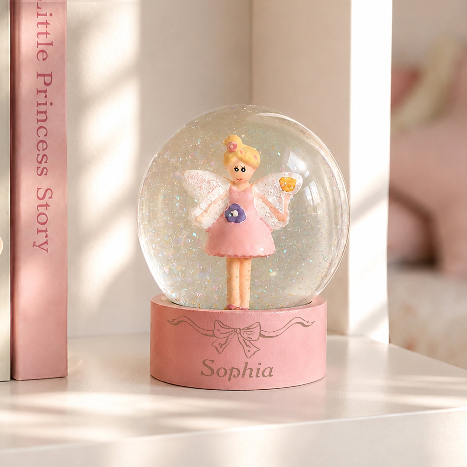 P0113B20 Personalised Name Only Bow Motif Glitter Snow Globe Personalised Name Only Bow Motif Glitter Snow Globe - Image 1