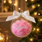 Personalised Silver Name Pink Feather Glass Christmas Bauble With Ribbon