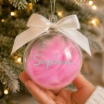 Personalised Silver Name Pink Feather Glass Christmas Bauble With Ribbon - Image 2