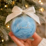 Personalised Silver Name Blue Feather Glass Christmas Bauble With Ribbon - Image 2