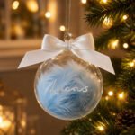 Personalised Silver Name Blue Feather Glass Christmas Bauble With Ribbon - Image 3