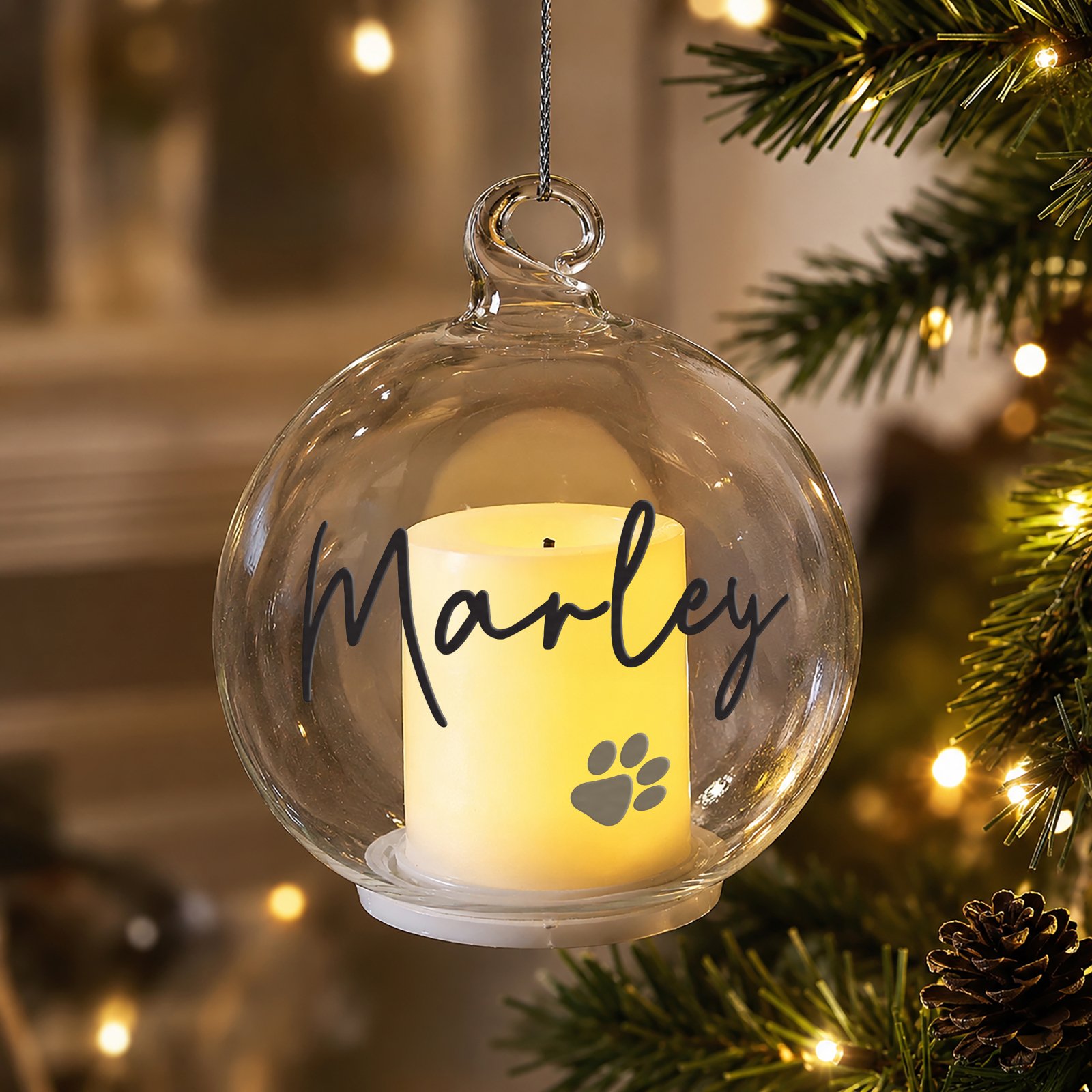 P040725 Personalised Pet Paw Print Motif Christmas Memorial Glass LED Candle Bauble Personalised Pet Paw Print Motif Christmas / Memorial Glass LED Candle Bauble - Image 1