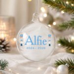 Personalised Blue Nutcracker Design White Feather Glass Christmas Bauble