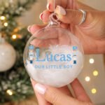 Personalised Blue Nutcracker Design White Feather Glass Christmas Bauble - Image 2