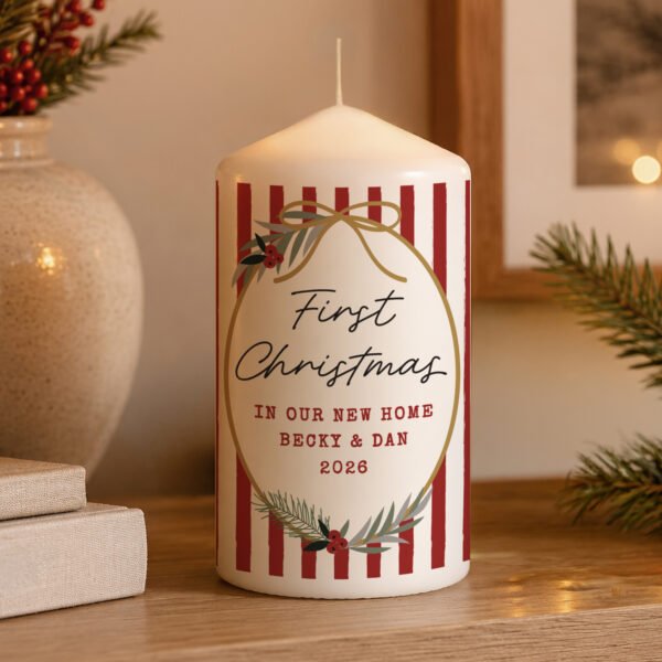Personalised Candy Cane Stripes Design Christmas Pillar Candle