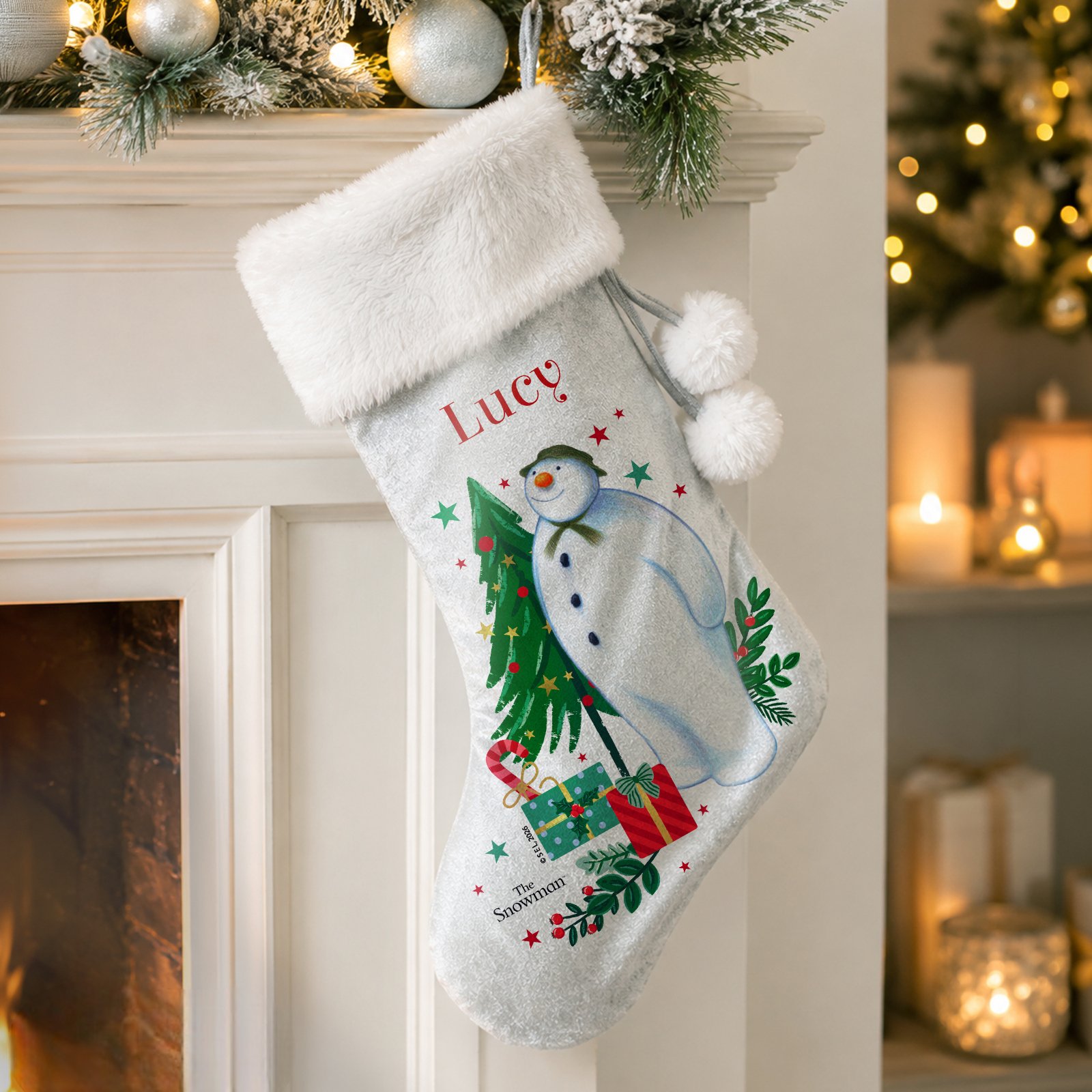 P0510J79 Personalised The Snowman Christmas Wishes Luxury Grey Pom Pom Christmas Stocking Personalised The Snowman Christmas Wishes Luxury Grey Pom Pom Christmas Stocking - Image 1