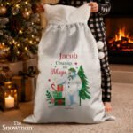 Personalised The Snowman 'Unwrap The Magic' Luxury Grey Pom Pom Christmas Sack - Image 2