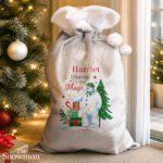 Personalised The Snowman 'Unwrap The Magic' Luxury Grey Pom Pom Christmas Sack - Image 3