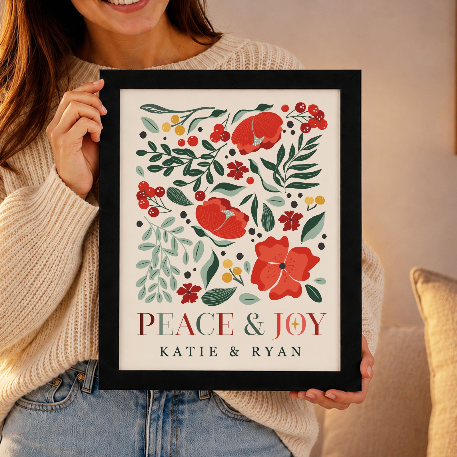 Personalised Christmas Poinsettia Design 'Peace & Joy' Black Framed Poster - Image 3